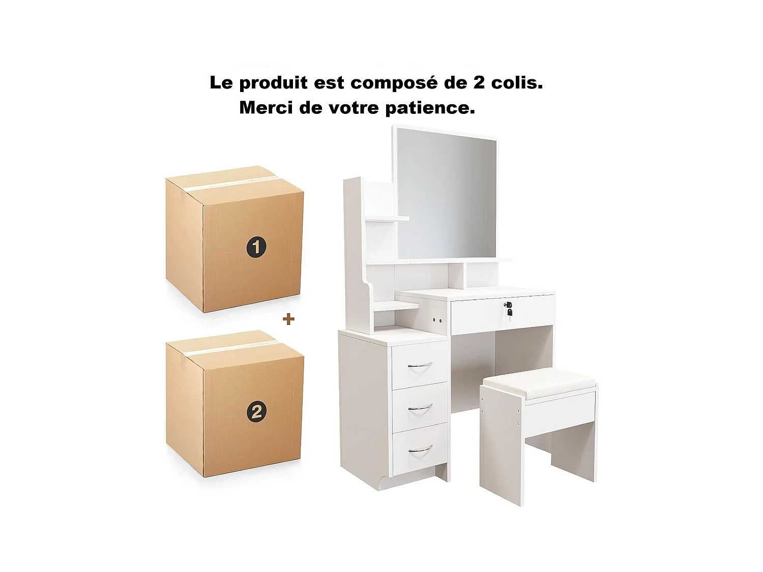 Coiffeuse avec miroir et pouf - 4 tiroirs et 4 étagères - Blanc - 87 x 40 x 144 cm