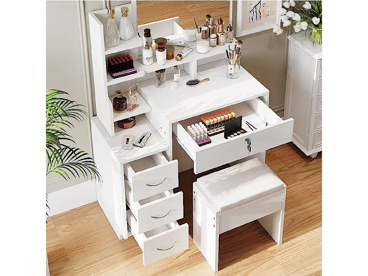 Coiffeuse avec miroir et pouf - 4 tiroirs et 4 étagères - Blanc - 87 x 40 x 144 cm