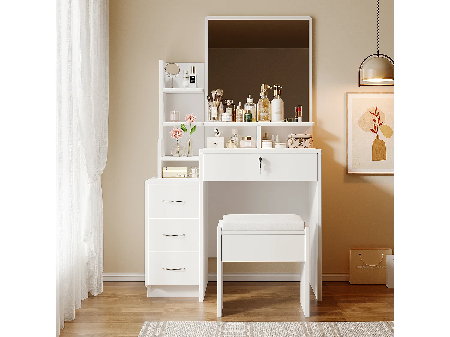 Coiffeuse avec miroir et pouf - 4 tiroirs et 4 étagères - Blanc - 87 x 40 x 144 cm