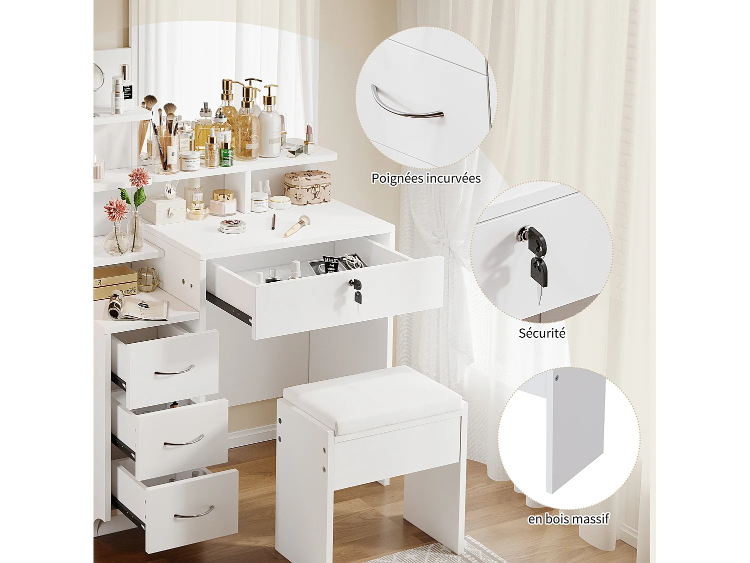 Coiffeuse avec miroir et pouf - 4 tiroirs et 4 étagères - Blanc - 87 x 40 x 144 cm