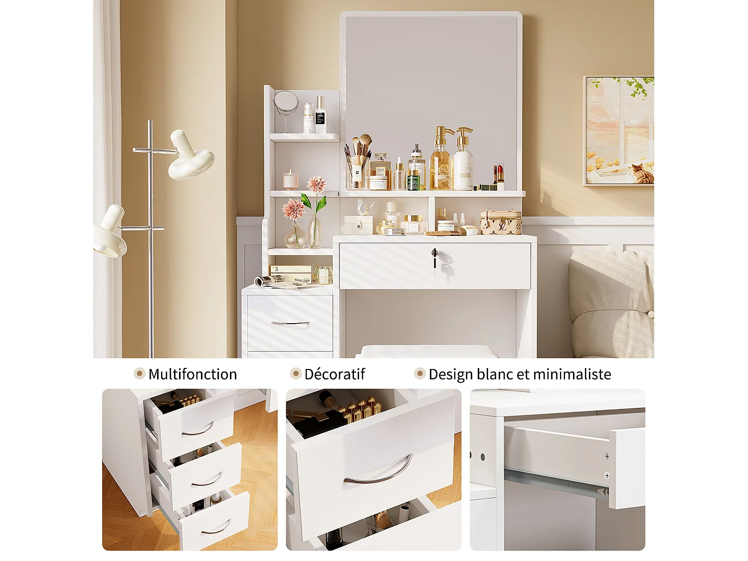 Coiffeuse avec miroir et pouf - 4 tiroirs et 4 étagères - Blanc - 87 x 40 x 144 cm