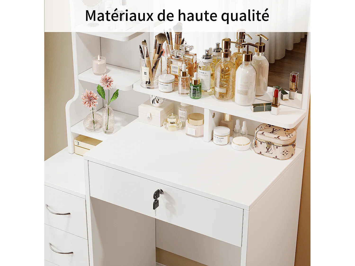 Coiffeuse avec miroir et pouf - 4 tiroirs et 4 étagères - Blanc - 87 x 40 x 144 cm