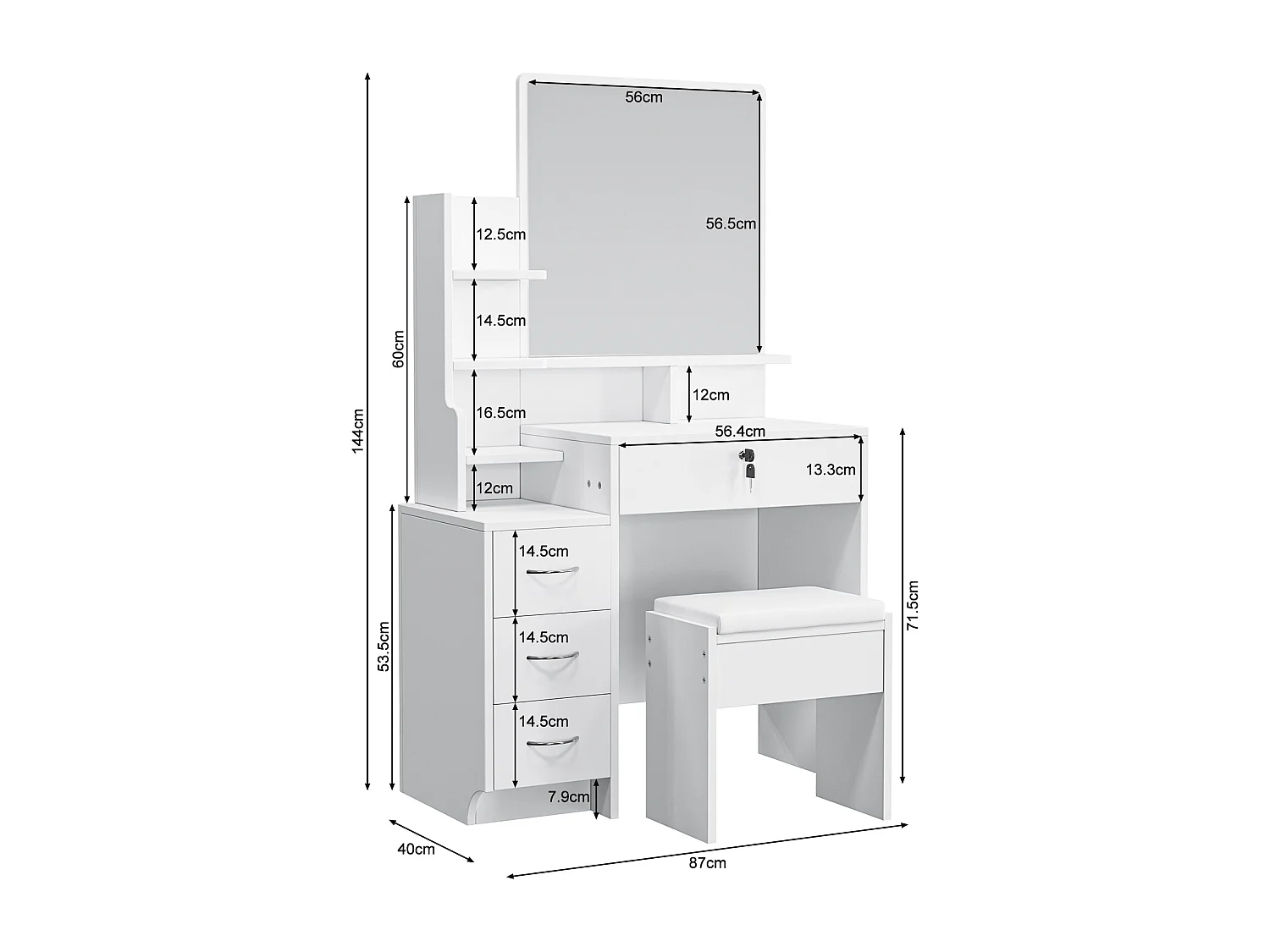 Coiffeuse avec miroir et pouf - 4 tiroirs et 4 étagères - Blanc - 87 x 40 x 144 cm