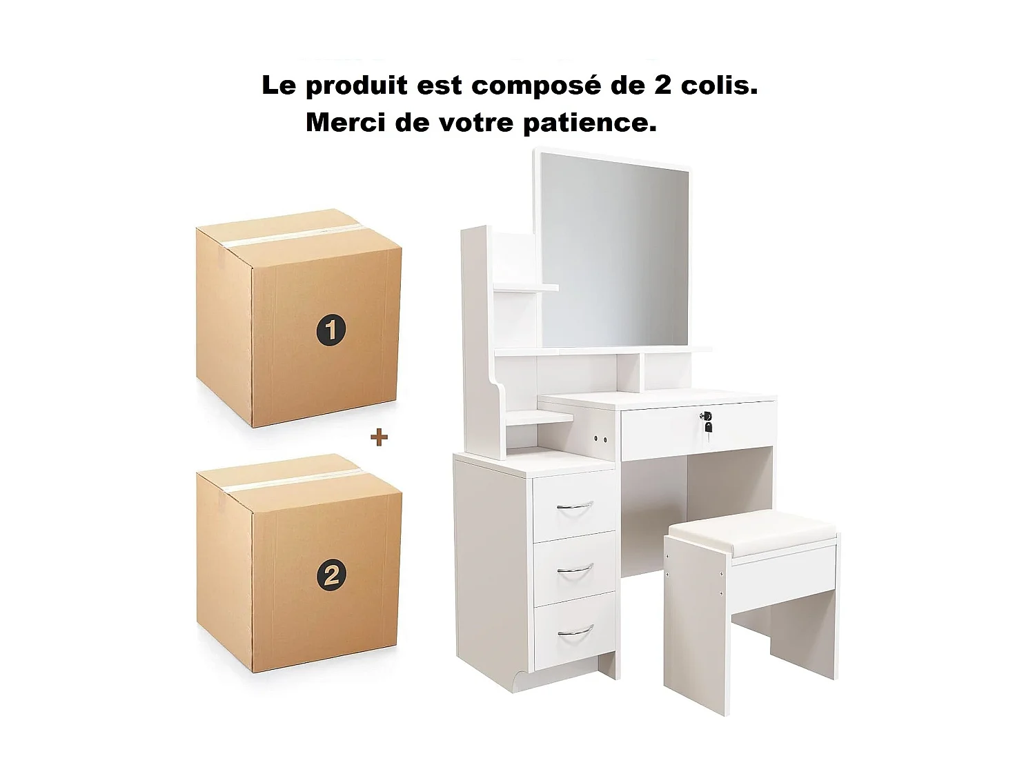 Coiffeuse avec miroir et pouf - 4 tiroirs et 4 étagères - Blanc - 87 x 40 x 144 cm