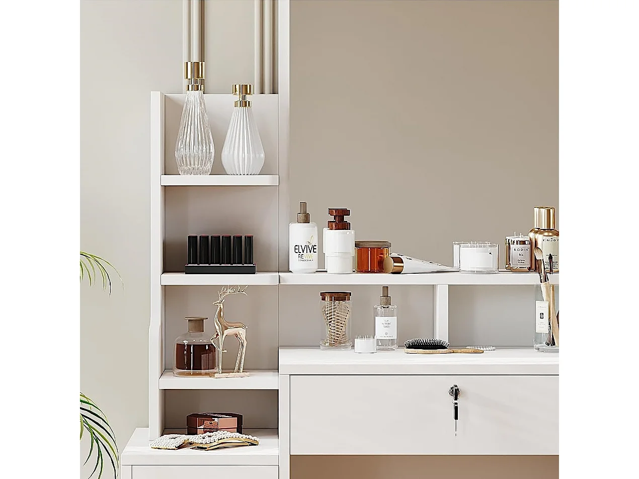 Coiffeuse avec miroir et pouf - 4 tiroirs et 4 étagères - Blanc - 87 x 40 x 144 cm