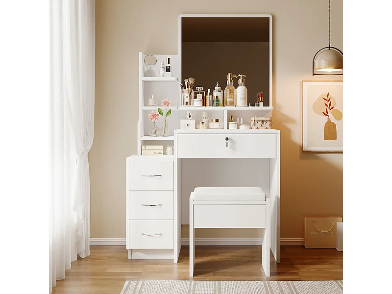 Kaptafel met spiegel en poef - 4 lades en 4 plankjes - Wit - 87 x 40 x 144 cm
