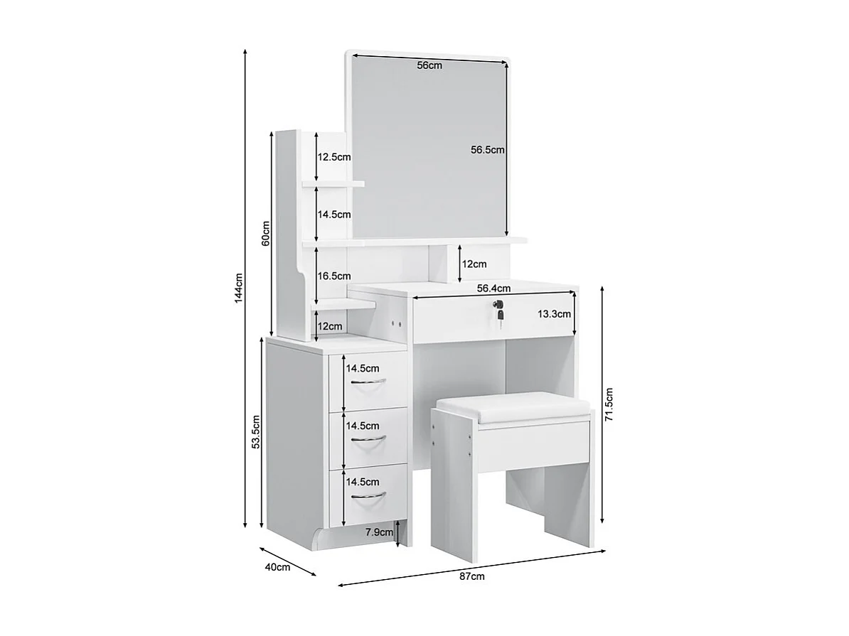Kaptafel met spiegel en poef - 4 lades en 4 plankjes - Wit - 87 x 40 x 144 cm