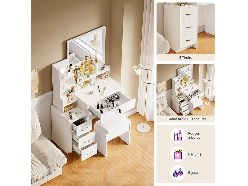 Kaptafel met spiegel en poef - 4 lades en 4 plankjes - Wit - 87 x 40 x 144 cm