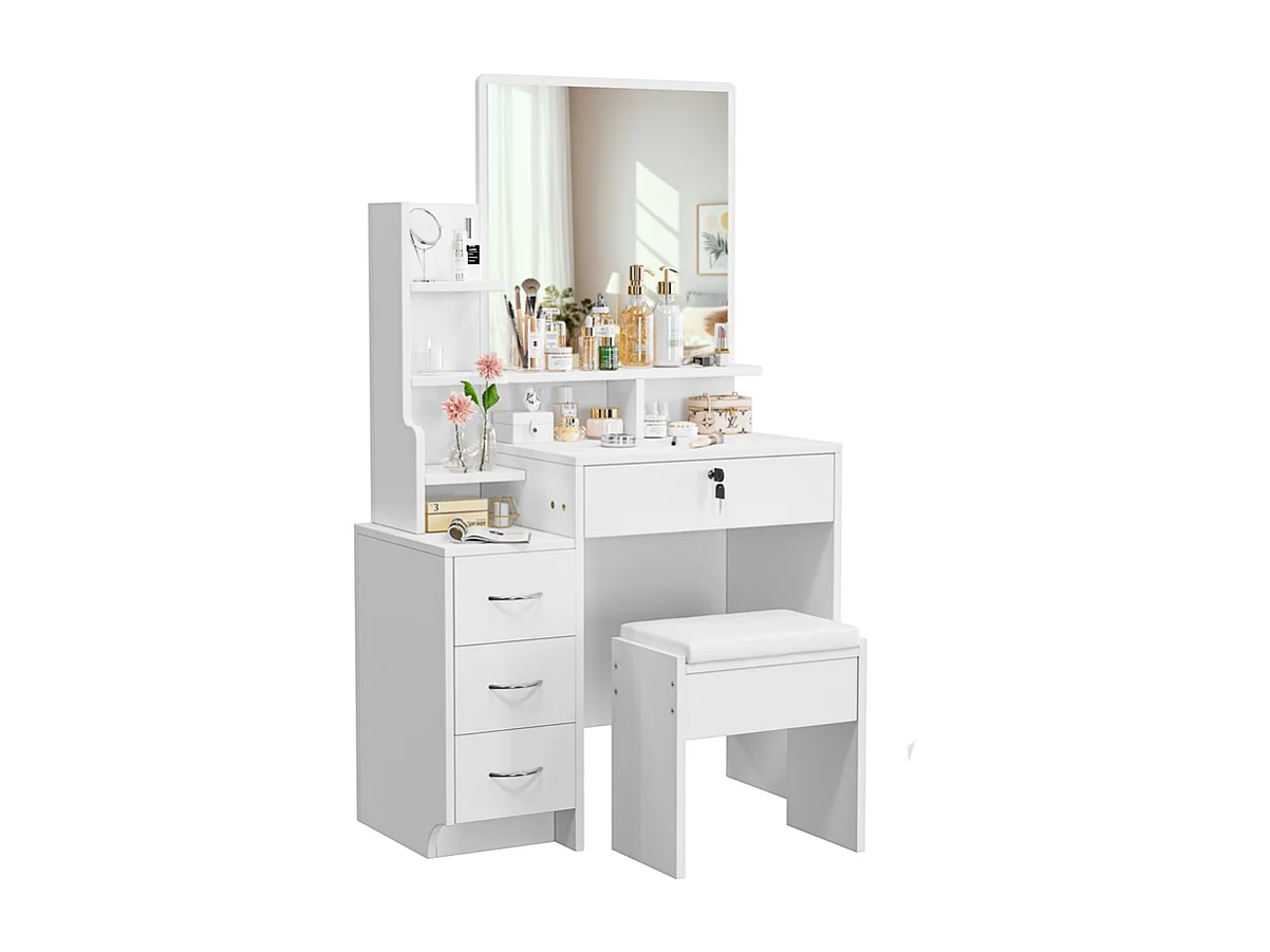 Kaptafel met spiegel en poef - 4 lades en 4 plankjes - Wit - 87 x 40 x 144 cm