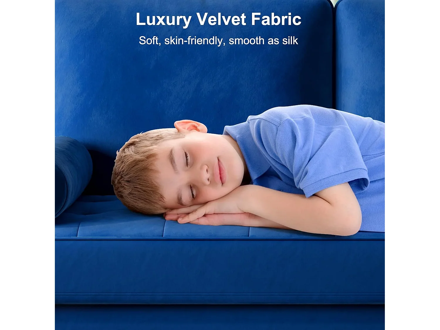 Moderne 2-zitsbank van blauw fluweel, gewatteerde armleuningen, massief houten poten, zacht, 143x77x86cm