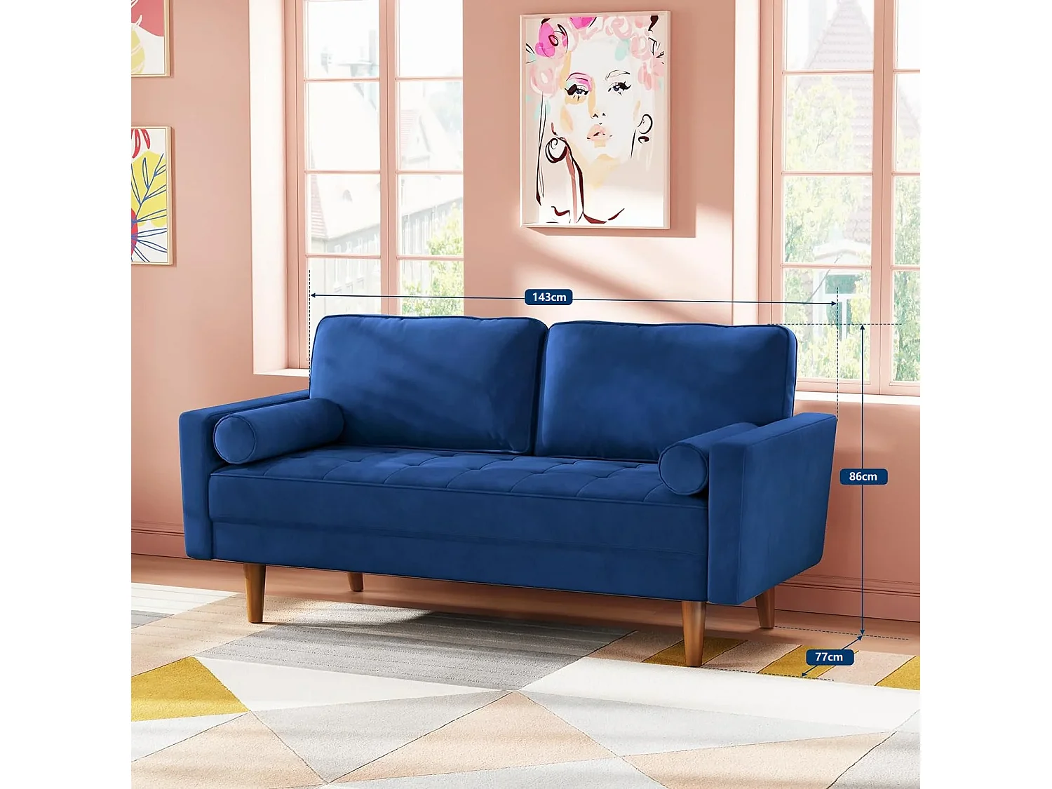 Moderne 2-zitsbank van blauw fluweel, gewatteerde armleuningen, massief houten poten, zacht, 143x77x86cm