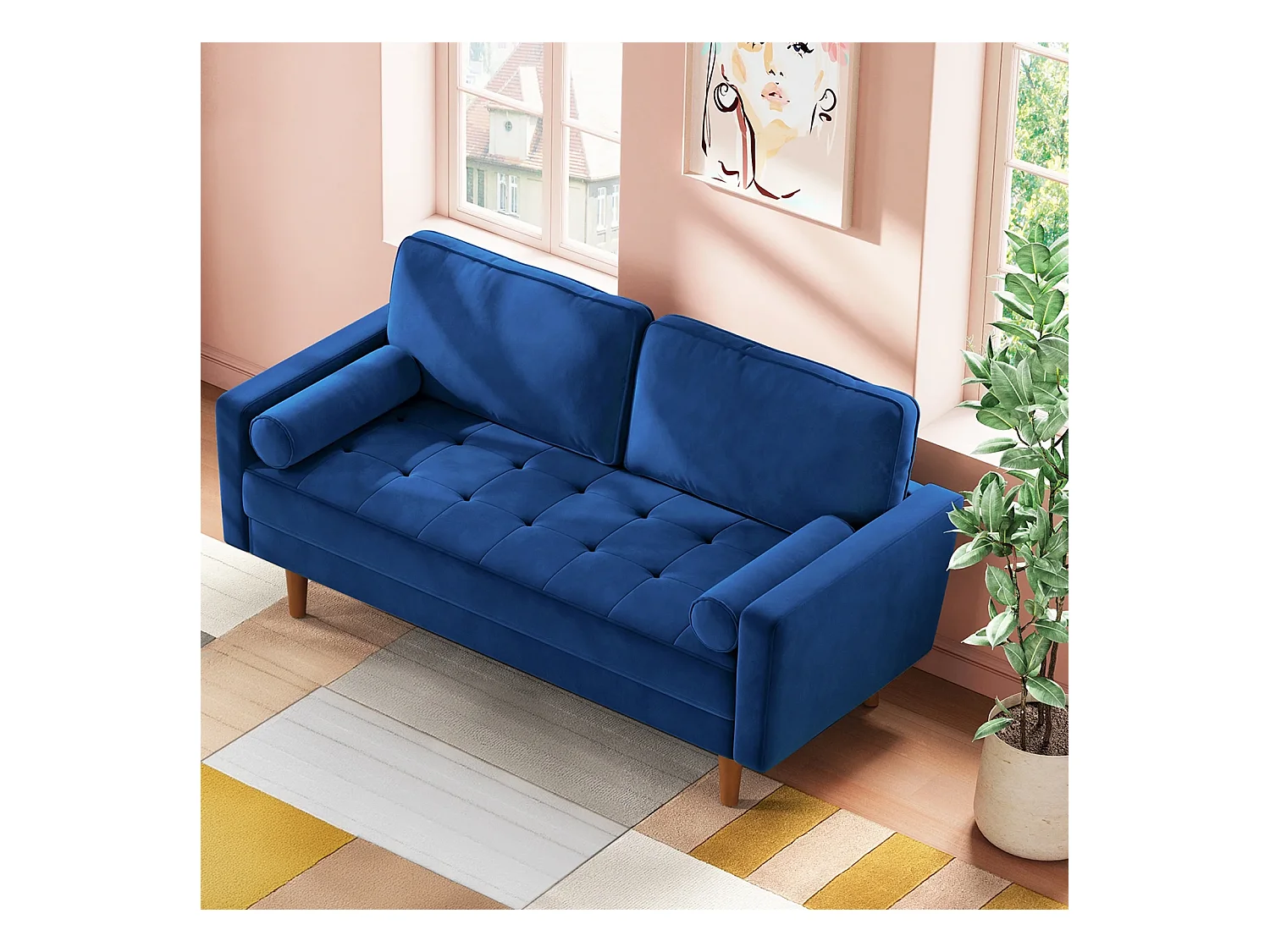 Modernes 2 -Seter -Blue -Samt -Sofa, gepolsterte Armlehnen, Massivholz, weiches Holz, 143x77x86cm