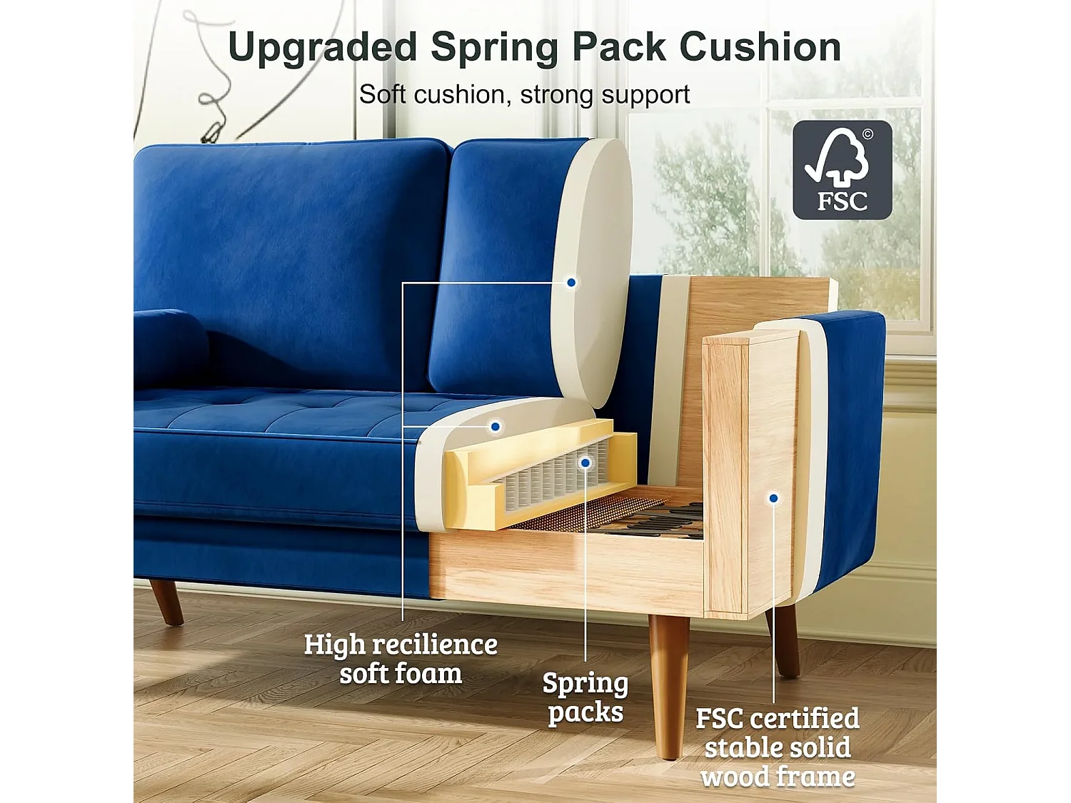 Canapé Moderne en Velours Bleu 2 Places, Accoudoirs Rembourrés, Pieds en Bois Massif, Moelleux, 143x77x86cm