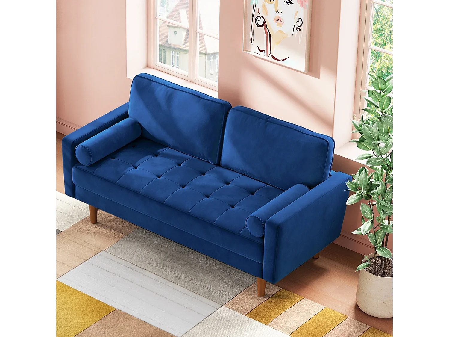 Divano in velluto blu moderno a 2 usatro, braccioli imbottiti, legno massiccio, legno morbido, 143x77x86cm