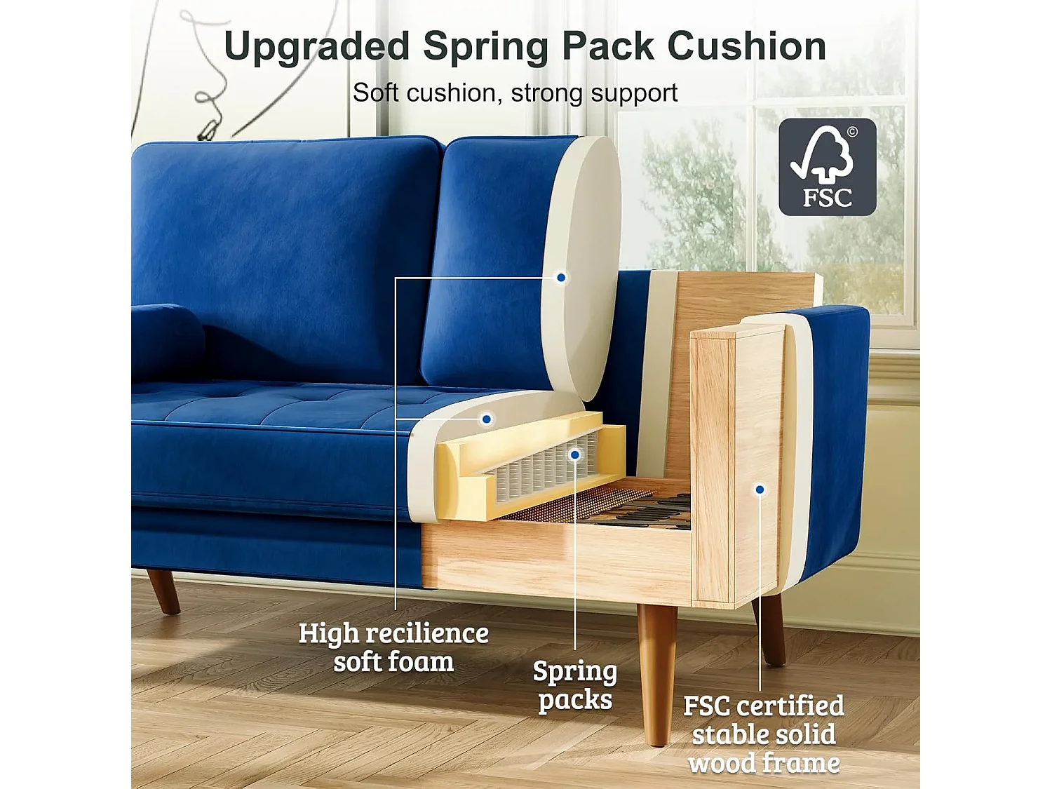 Divano in velluto blu moderno a 2 usatro, braccioli imbottiti, legno massiccio, legno morbido, 143x77x86cm