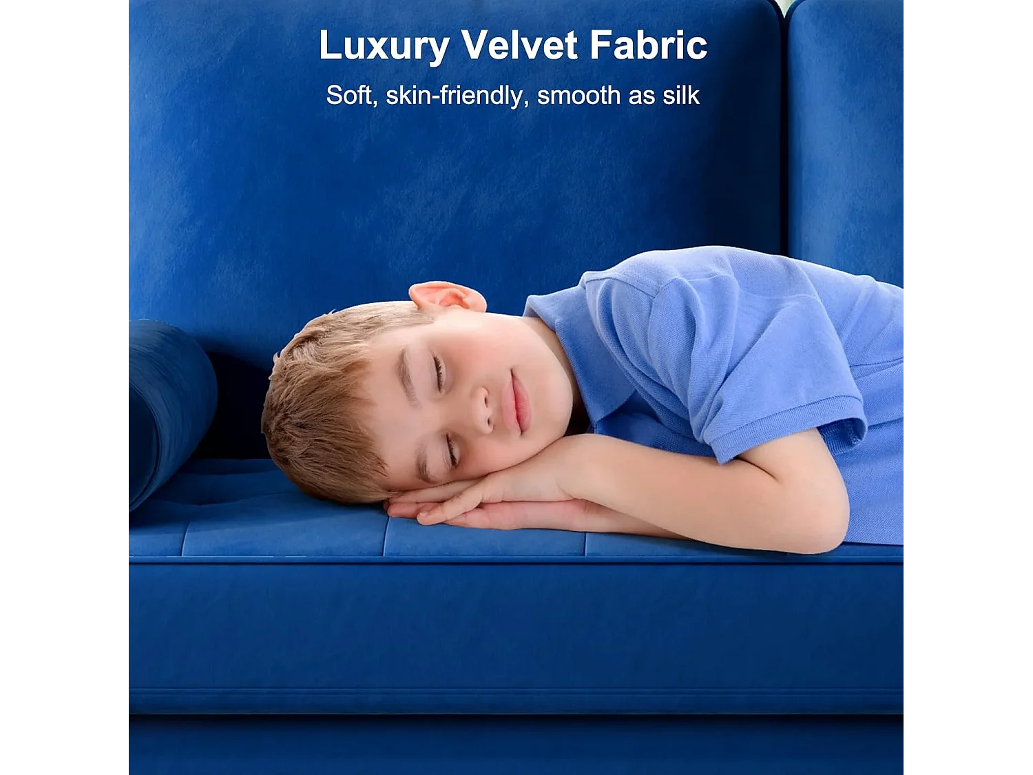 Divano in velluto blu moderno a 2 usatro, braccioli imbottiti, legno massiccio, legno morbido, 143x77x86cm