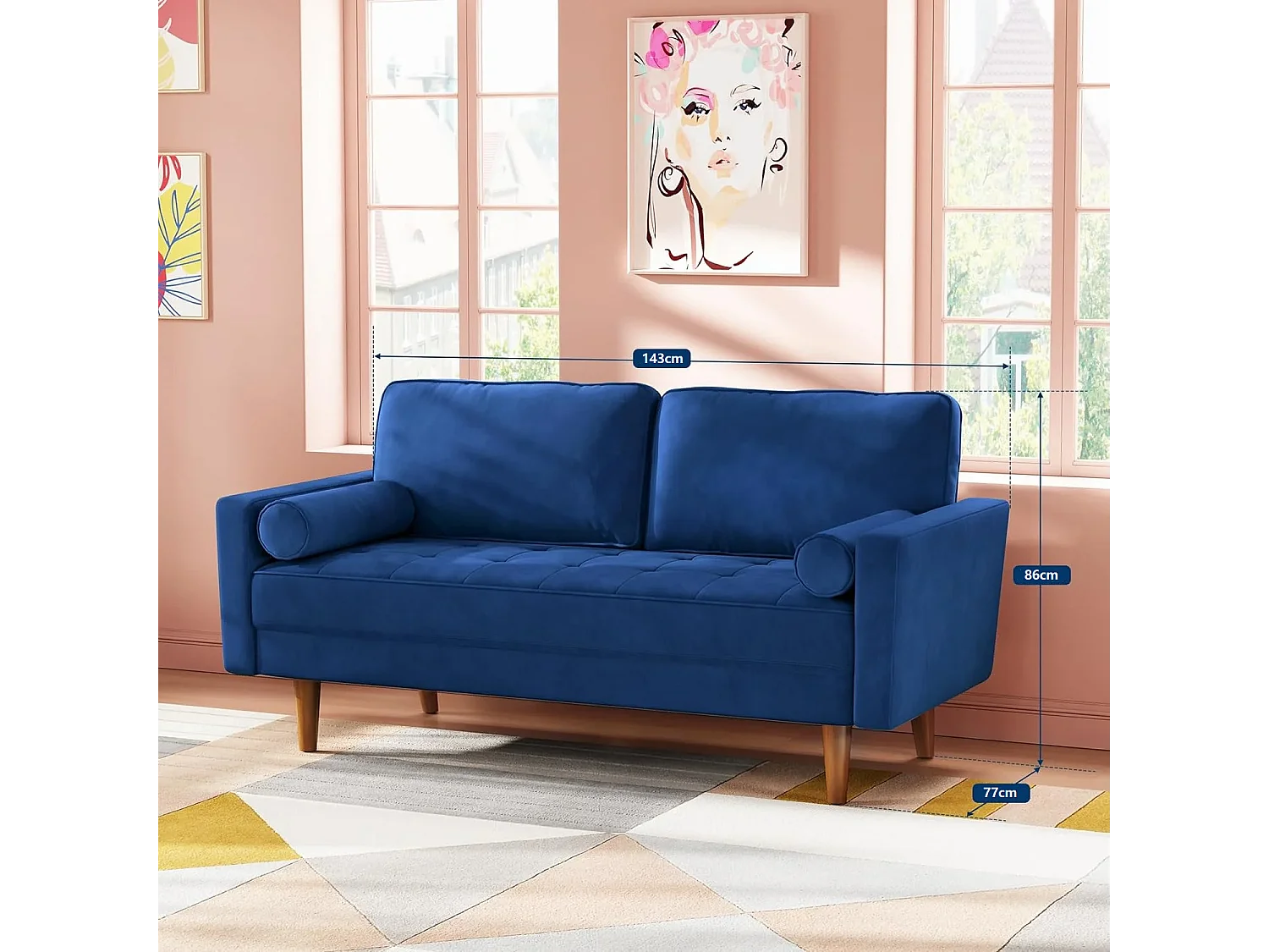 Divano in velluto blu moderno a 2 usatro, braccioli imbottiti, legno massiccio, legno morbido, 143x77x86cm