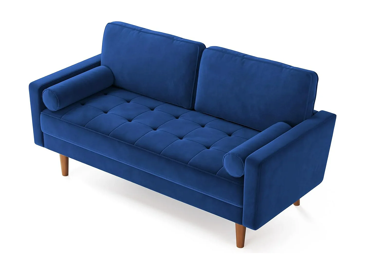 Divano in velluto blu moderno a 2 usatro, braccioli imbottiti, legno massiccio, legno morbido, 143x77x86cm