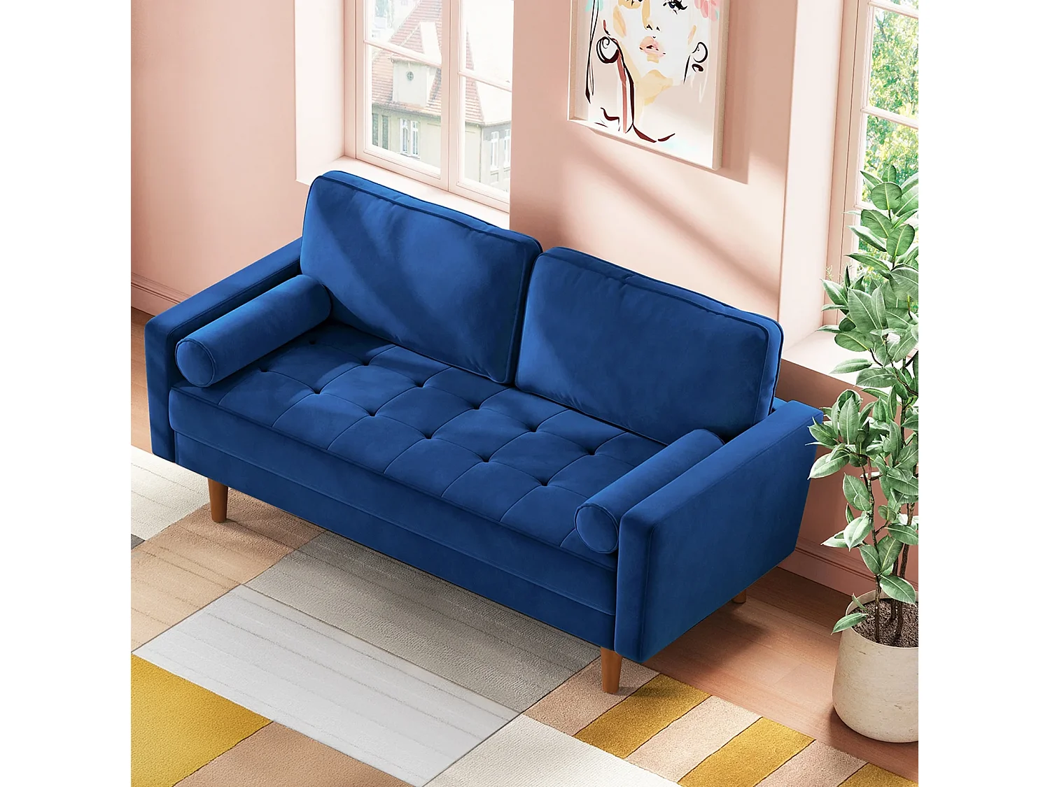 Divano in velluto blu moderno a 2 usatro, braccioli imbottiti, legno massiccio, legno morbido, 143x77x86cm