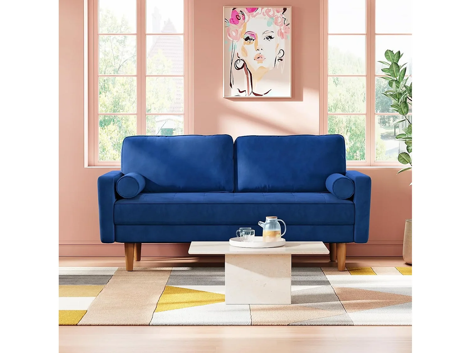 Divano in velluto blu moderno a 2 usatro, braccioli imbottiti, legno massiccio, legno morbido, 143x77x86cm