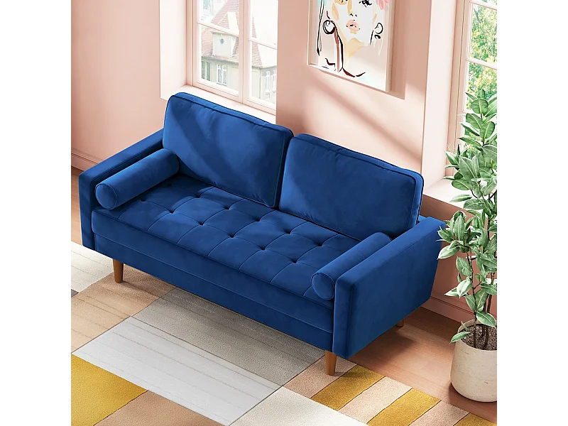Canapé Moderne en Velours Bleu 2 Places, Accoudoirs Rembourrés, Pieds en Bois Massif, Moelleux, 143x77x86cm