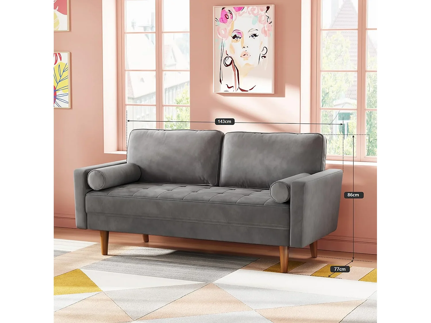 Moderne 2-zitsbank van grijs fluweel, gewatteerde armleuningen, massief houten poten, zacht, 143x77x86cm