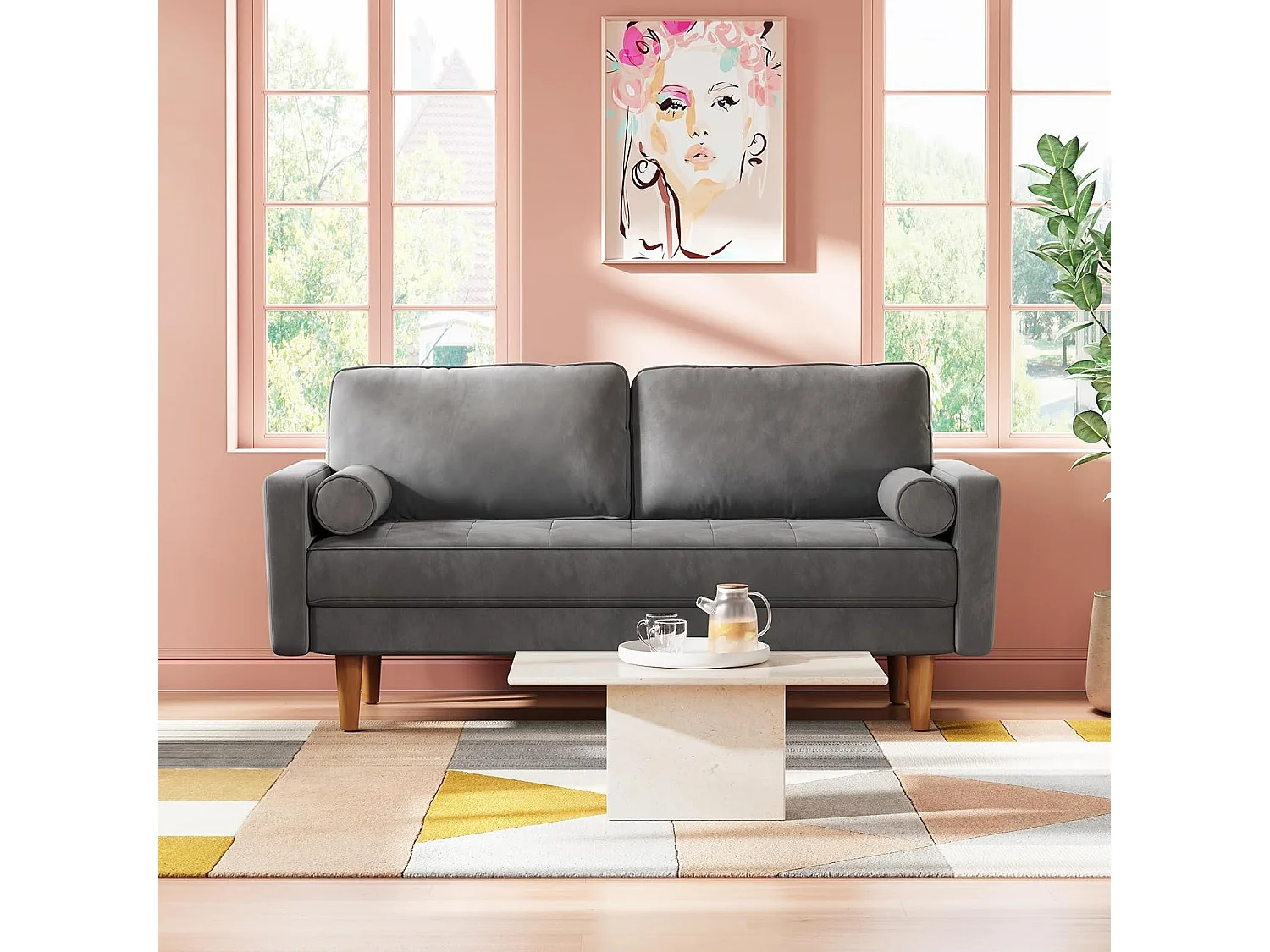 Moderne 2-zitsbank van grijs fluweel, gewatteerde armleuningen, massief houten poten, zacht, 143x77x86cm