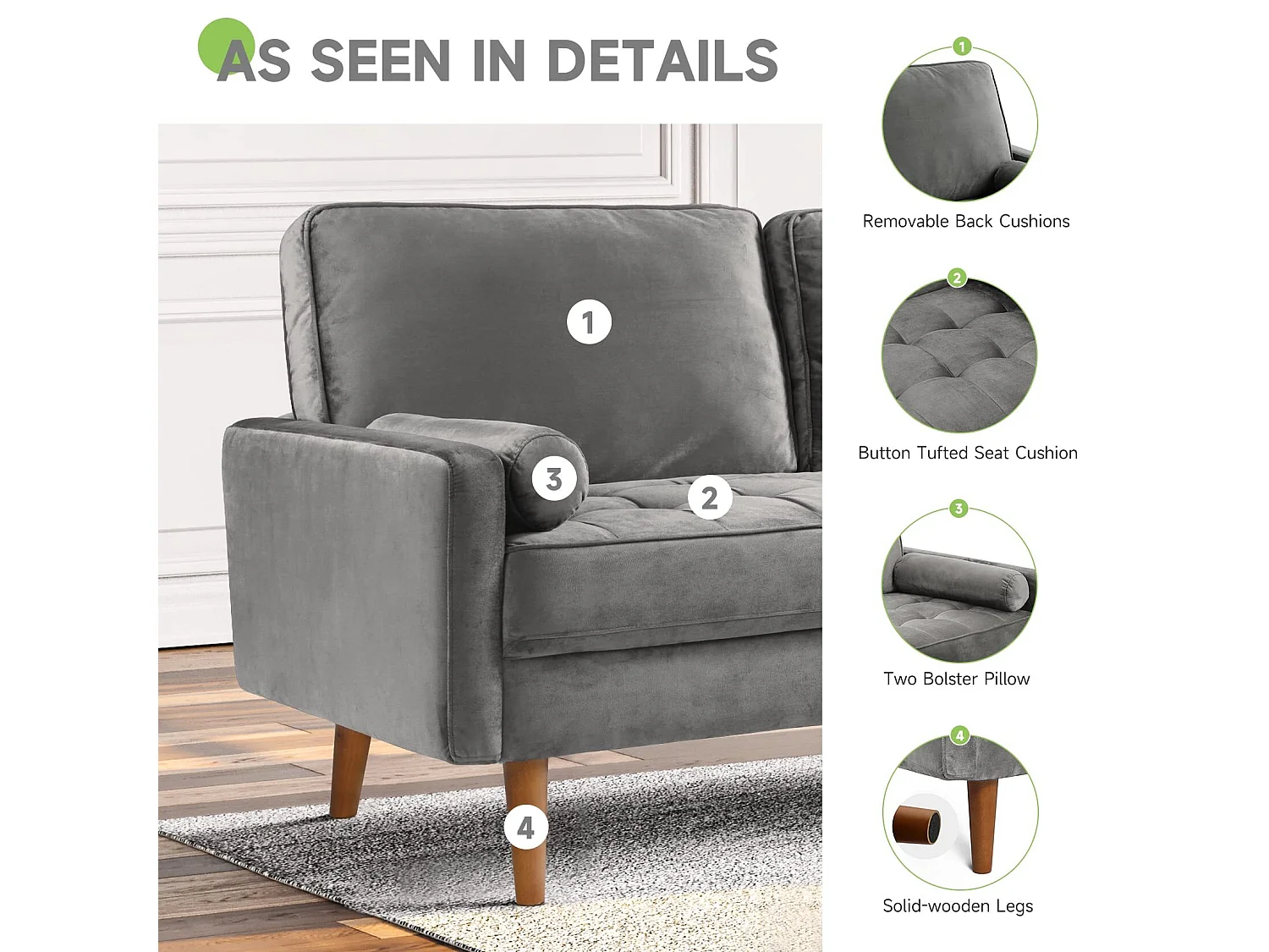 Canapé Moderne en Velours Gris 2 Places, Accoudoirs Rembourrés, Pieds en Bois Massif, Moelleux, 143x77x86cm