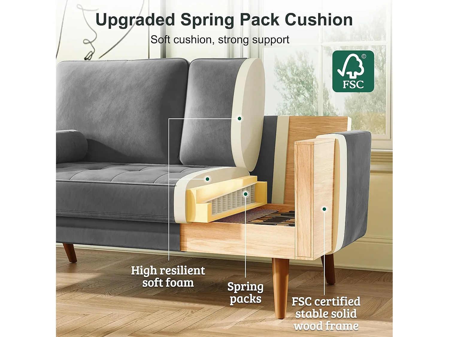 Canapé Moderne en Velours Gris 2 Places, Accoudoirs Rembourrés, Pieds en Bois Massif, Moelleux, 143x77x86cm