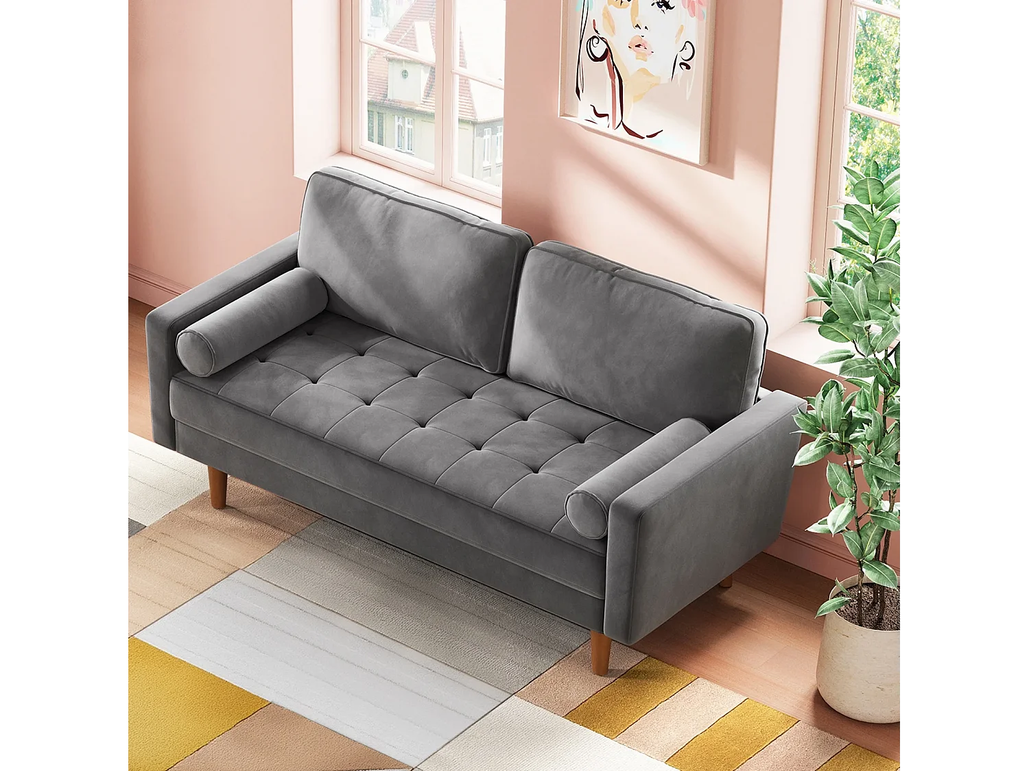 Divano in velluto grigio moderno a 2 usatro, braccioli imbottiti, legno massiccio, legno morbido, 143x77x86cm