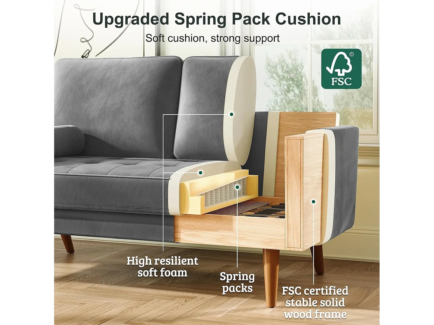 Divano in velluto grigio moderno a 2 usatro, braccioli imbottiti, legno massiccio, legno morbido, 143x77x86cm