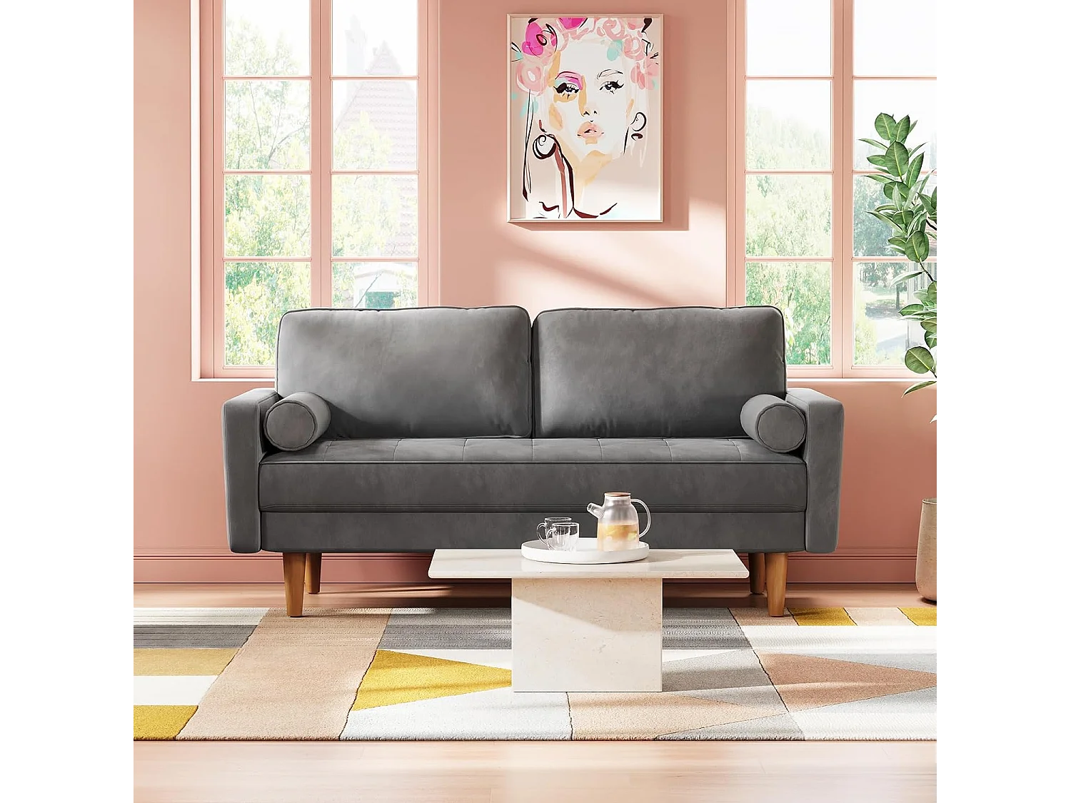 Divano in velluto grigio moderno a 2 usatro, braccioli imbottiti, legno massiccio, legno morbido, 143x77x86cm