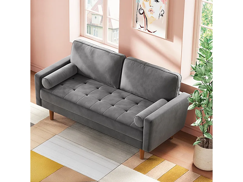 Moderne 2-zitsbank van grijs fluweel, gewatteerde armleuningen, massief houten poten, zacht, 143x77x86cm