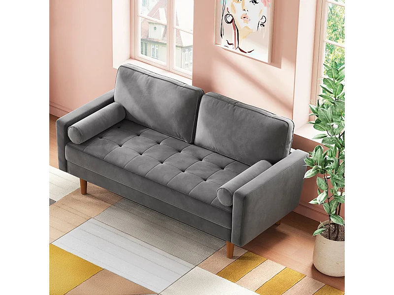 Divano in velluto grigio moderno a 2 usatro, braccioli imbottiti, legno massiccio, legno morbido, 143x77x86cm