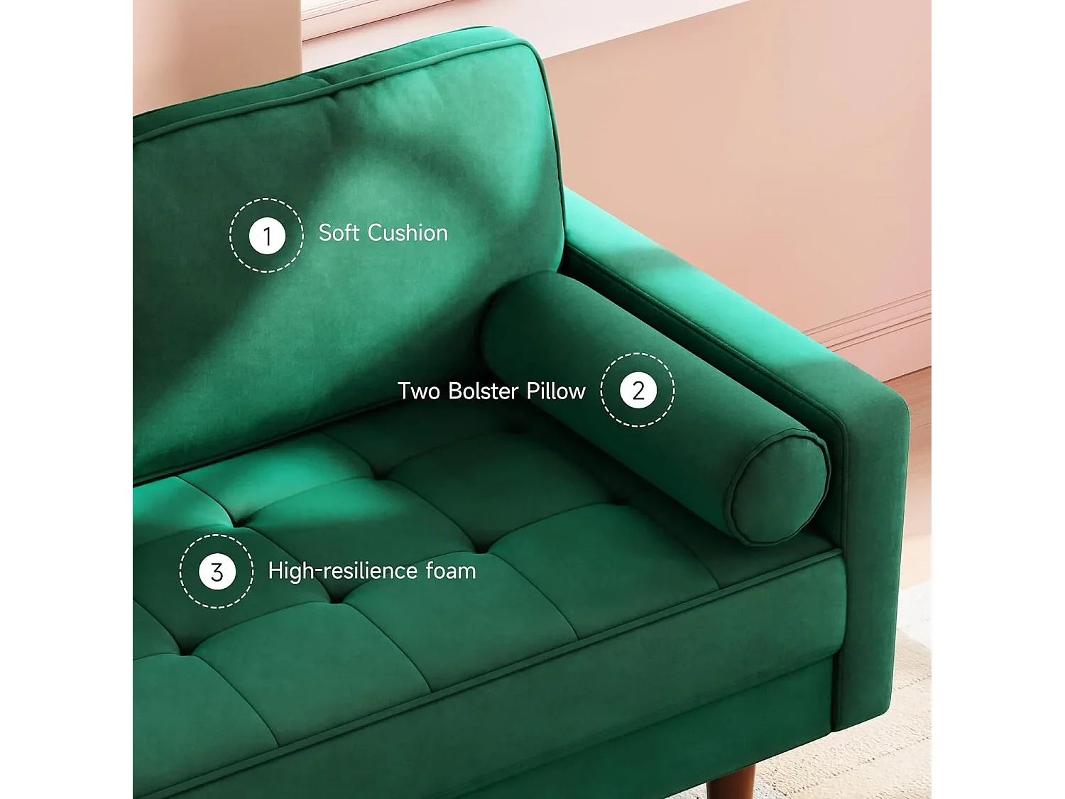 Divano in velluto verde moderno a 2 usatro, braccioli imbottiti, legno massiccio, legno morbido, 143x77x86cm