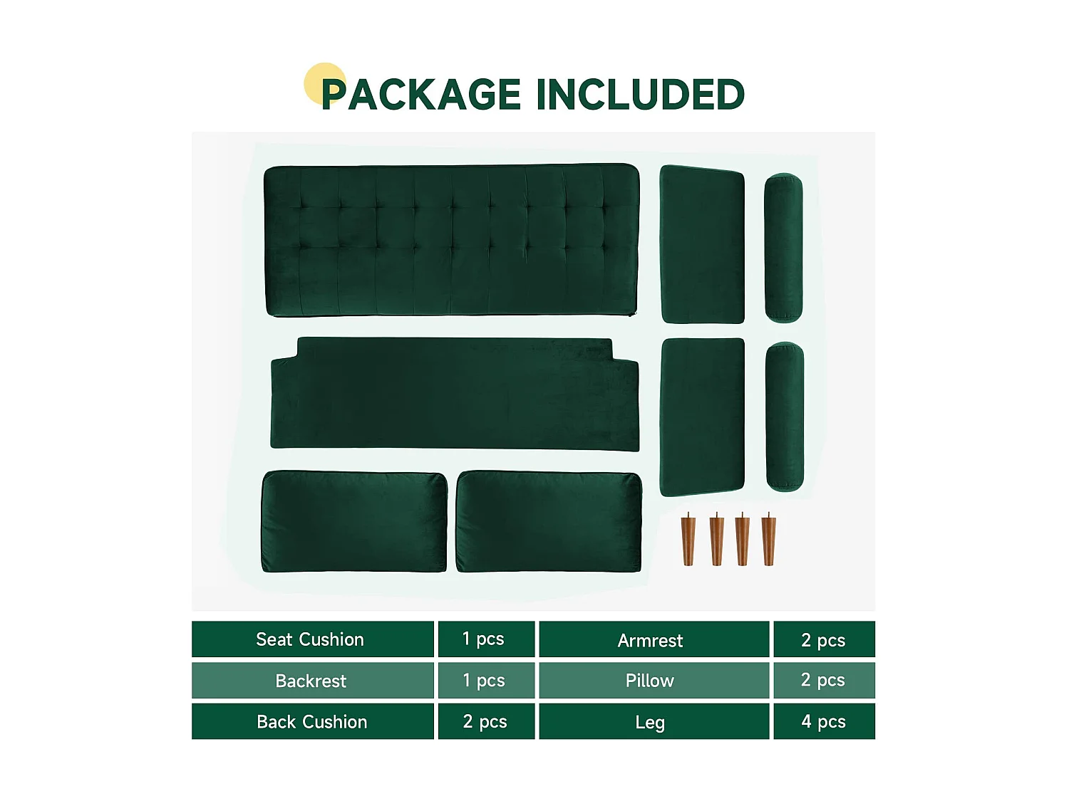 Divano in velluto verde moderno a 2 usatro, braccioli imbottiti, legno massiccio, legno morbido, 143x77x86cm