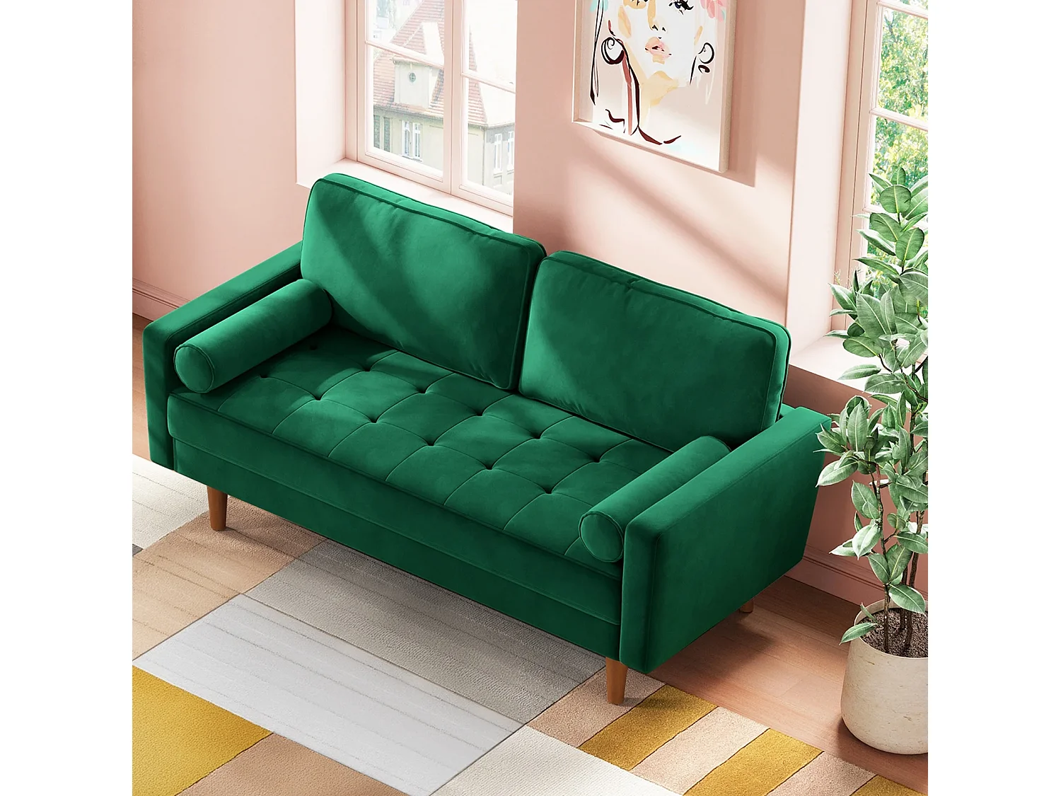 Moderne 2-zitsbank van groen fluweel, gewatteerde armleuningen, massief houten poten, zacht, 143x77x86cm