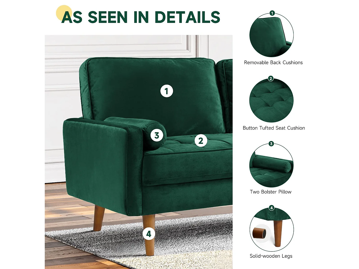 Moderne 2-zitsbank van groen fluweel, gewatteerde armleuningen, massief houten poten, zacht, 143x77x86cm