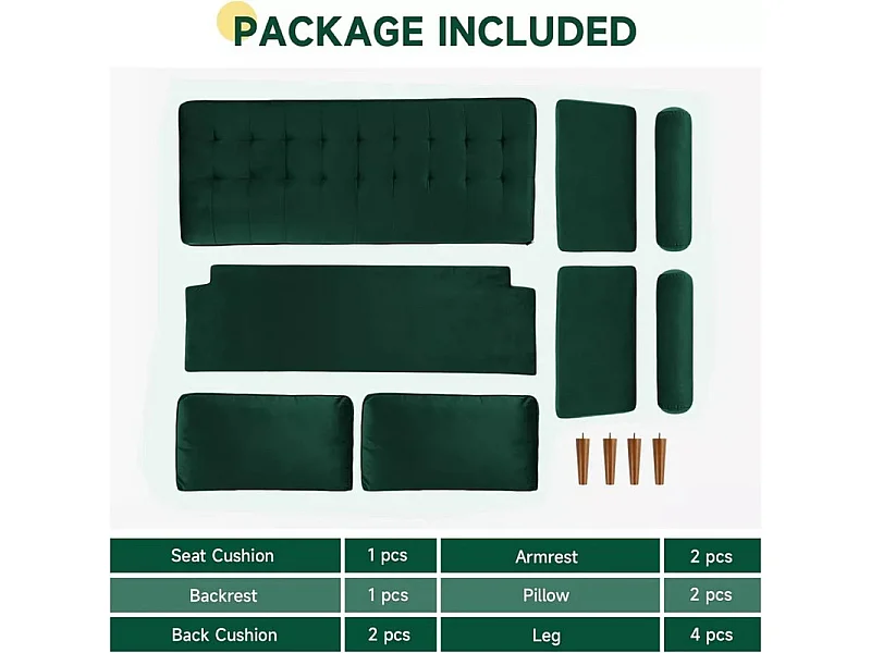 Sofá de terciopelo verde de 2 salones modernos, reposabrazos acolchados, madera maciza, madera blanda, 143x77x86cm
