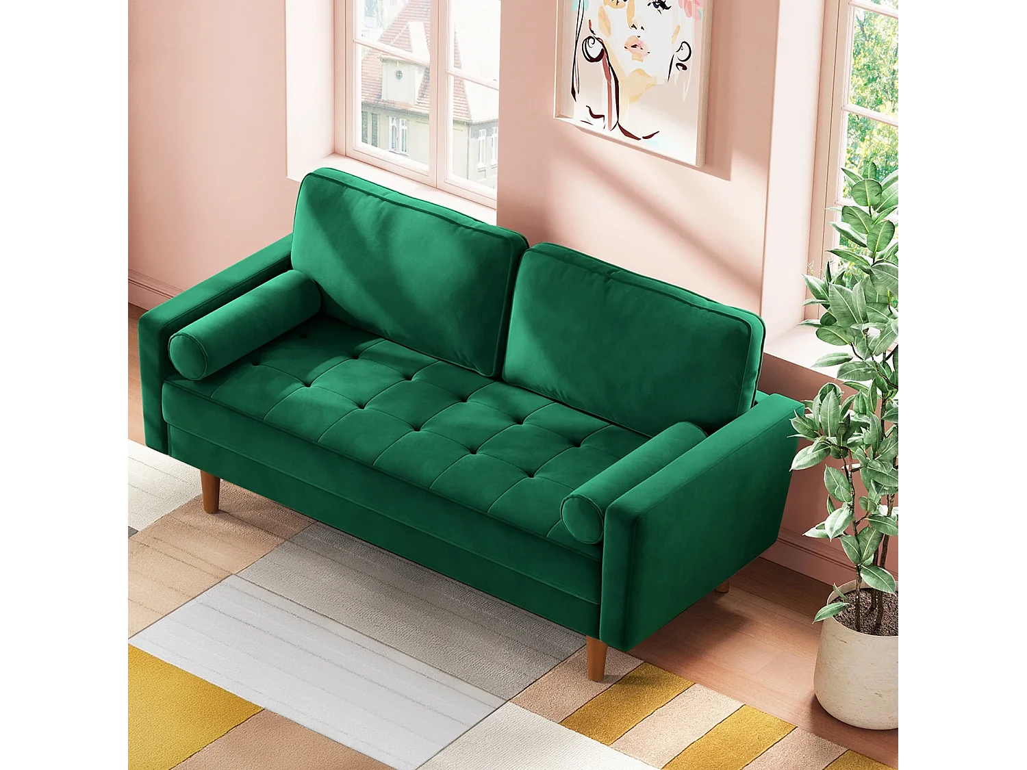 Divano in velluto verde moderno a 2 usatro, braccioli imbottiti, legno massiccio, legno morbido, 143x77x86cm