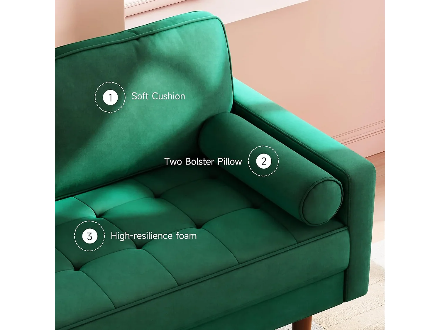 Divano in velluto verde moderno a 2 usatro, braccioli imbottiti, legno massiccio, legno morbido, 143x77x86cm
