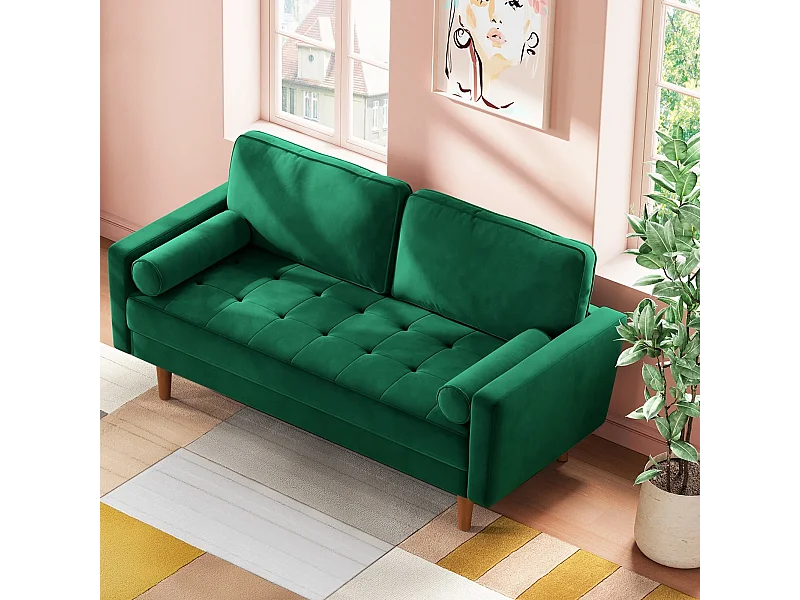Moderne 2 -Seter -Grünen Samtsofa, gepolsterte Armlehnen, massives Holz, weiches Holz, 143x77x86cm