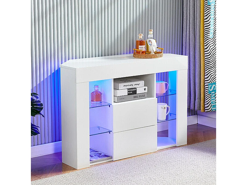 Meuble TV d'angle Moderne à LED Lumière, Banc TV Moderne Blanc Haut Brillant, 9 Compartiments, Meuble Salon 100x40x68CM