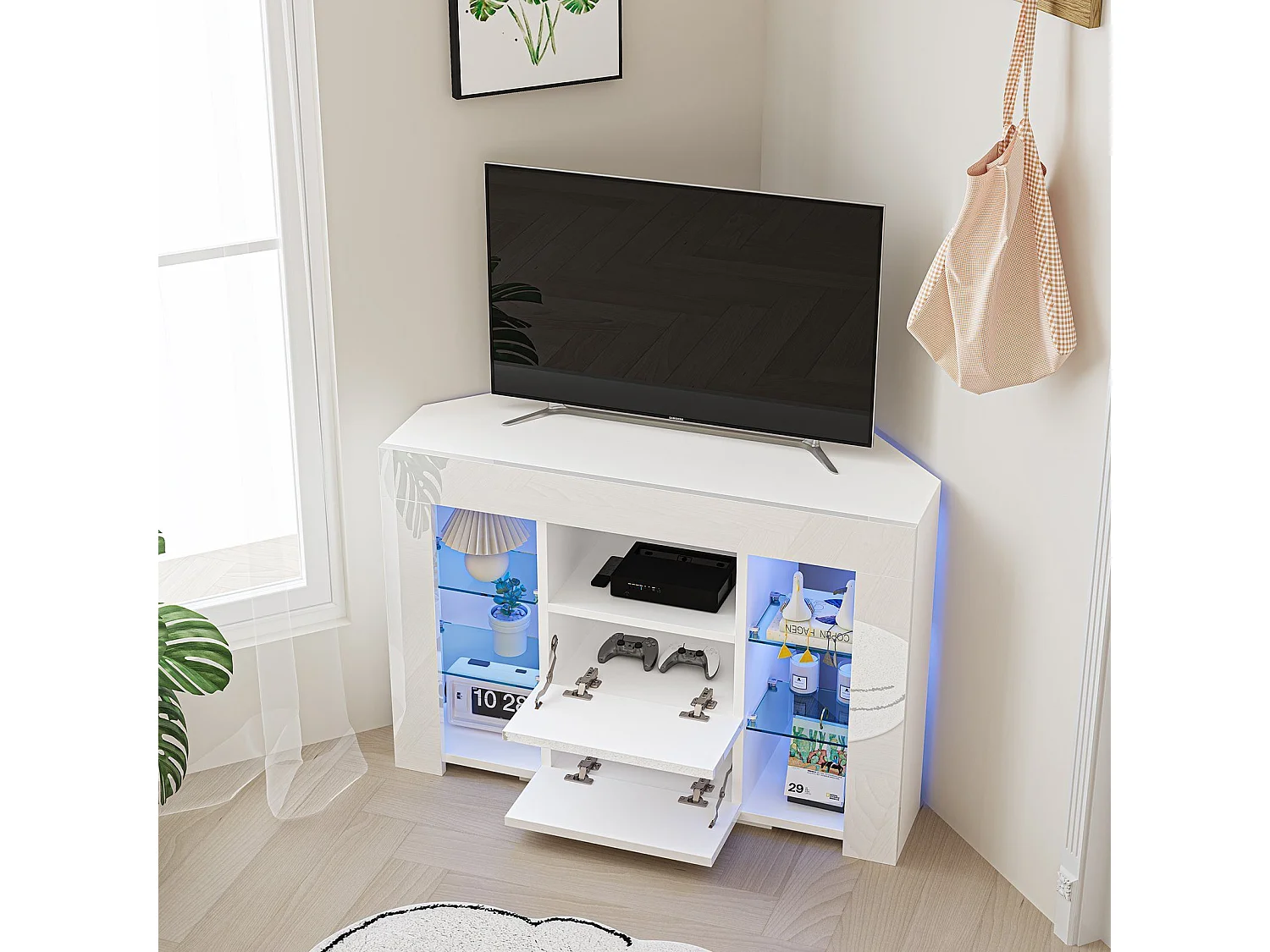 Modern tv-hoekmeubel met LED-licht, modern hoogglans wit tv-meubel, 9 vakken, woonkamermeubilair 100x40x68CM