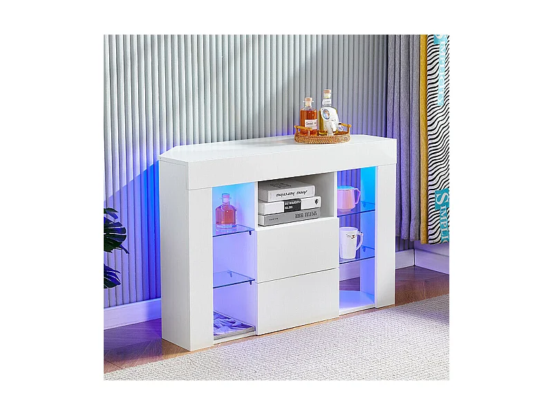 Meuble TV d'angle Moderne à LED Lumière, Banc TV Moderne Blanc Haut Brillant, 9 Compartiments, Meuble Salon 100x40x68CM