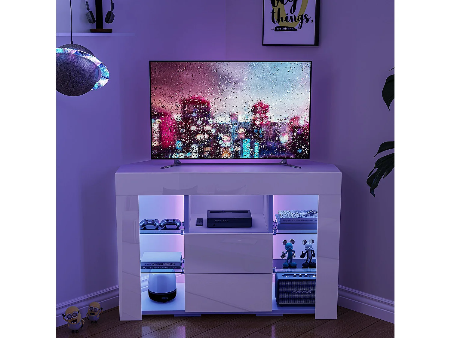 Mobili moderni angolari con luce a LED, moderna panca TV bianca bianca, 9 scomparti, mobili per soggiorno 100x40x68cm