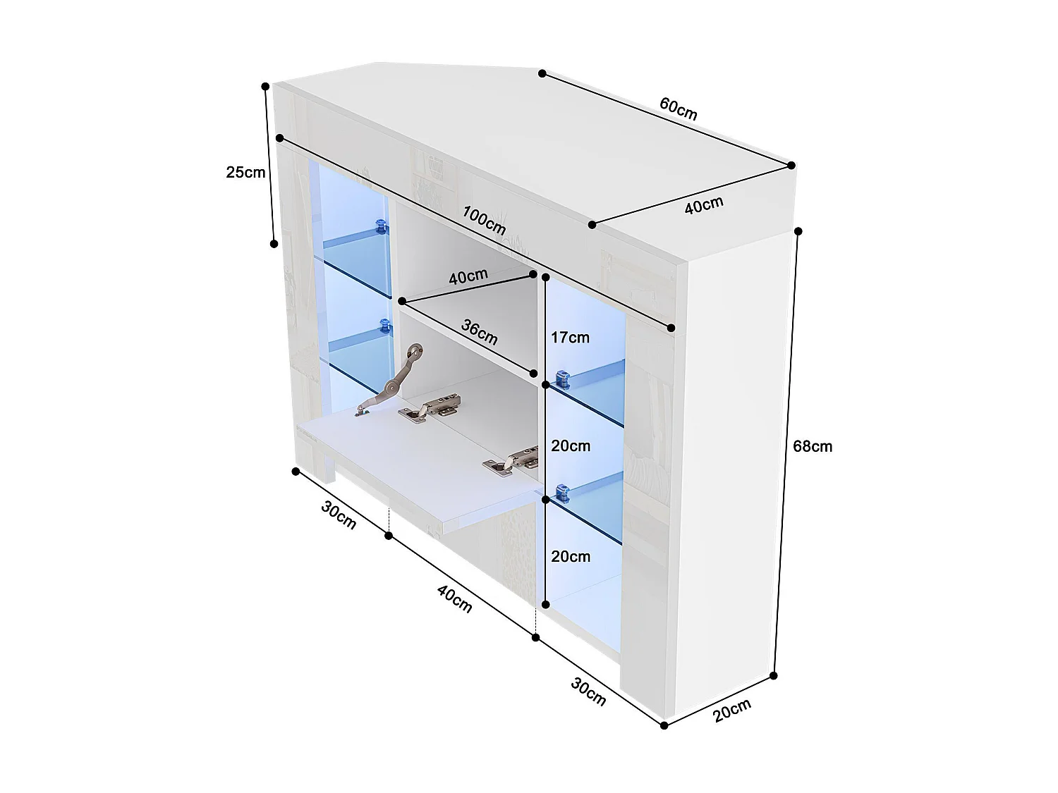 Mobili moderni angolari con luce a LED, moderna panca TV bianca bianca, 9 scomparti, mobili per soggiorno 100x40x68cm