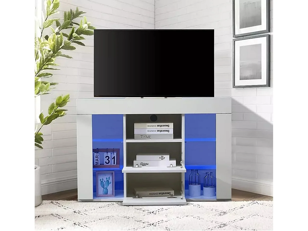 Meuble TV d'angle Moderne à LED Lumière, Banc TV Moderne Blanc Haut Brillant, 9 Compartiments, Meuble Salon 100x40x68CM