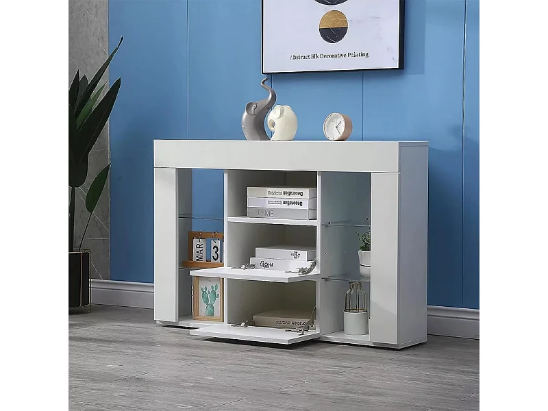 Meuble TV d'angle Moderne à LED Lumière, Banc TV Moderne Blanc Haut Brillant, 9 Compartiments, Meuble Salon 100x40x68CM