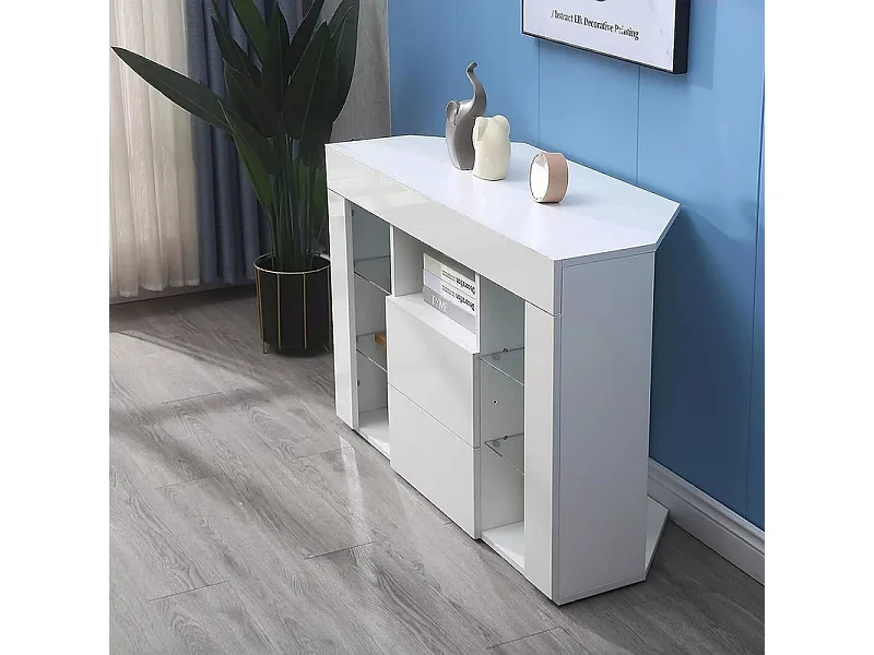 Meuble TV d'angle Moderne à LED Lumière, Banc TV Moderne Blanc Haut Brillant, 9 Compartiments, Meuble Salon 100x40x68CM